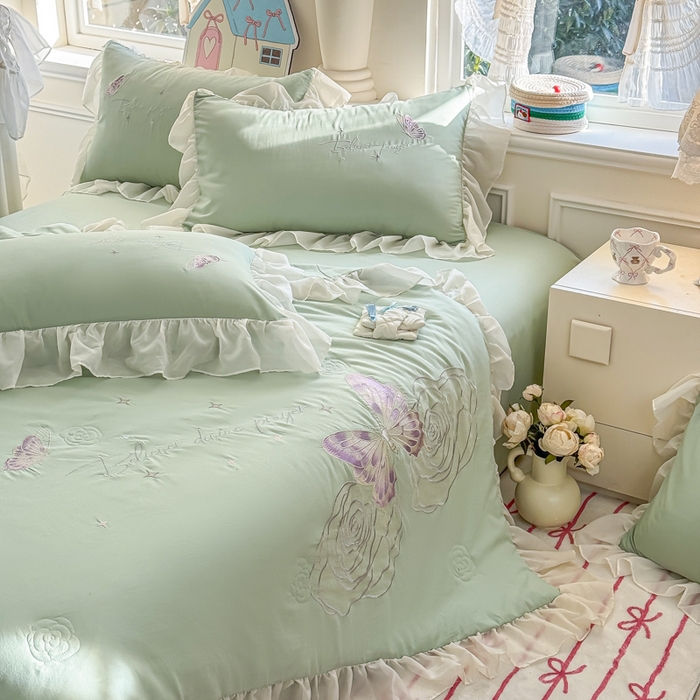 91家纺网 家纺一手货源 找家纺 凯美家居 2025新款超柔亲肤棉夏被回件套 夏被蝶恋花 豆绿