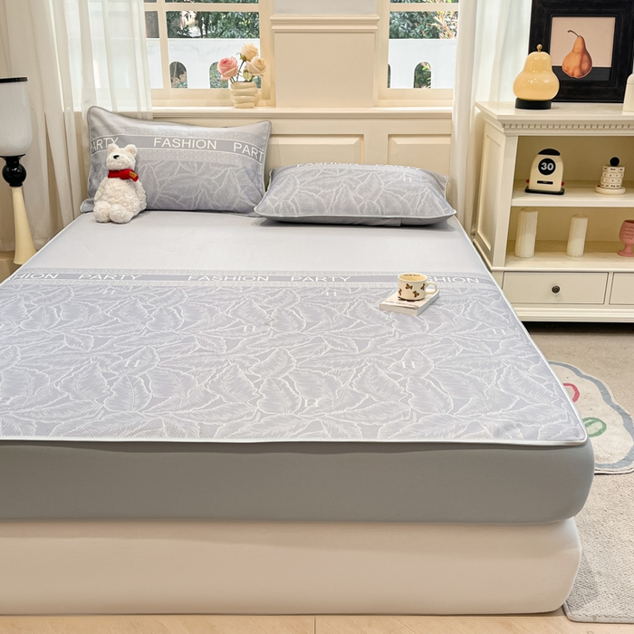 91家纺网 家纺一手货源 找家纺 星座家纺 2025新款斜纹提花凉感丝凉席床笠款三件套 床笠-叶之语-灰