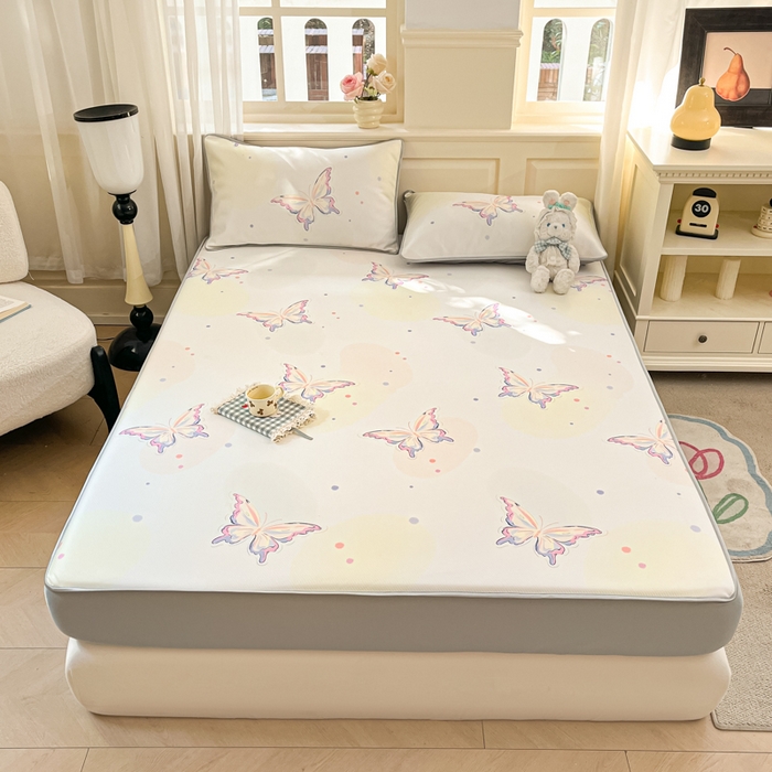 91家纺网 家纺一手货源 找家纺 星座家纺 2025新款斜纹提花凉感丝凉席床笠款三件套 床笠-彩蝶