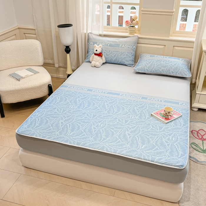 91家纺网 家纺一手货源 找家纺 星座家纺 2025新款斜纹提花凉感丝凉席床笠款三件套 床笠-叶之语-蓝