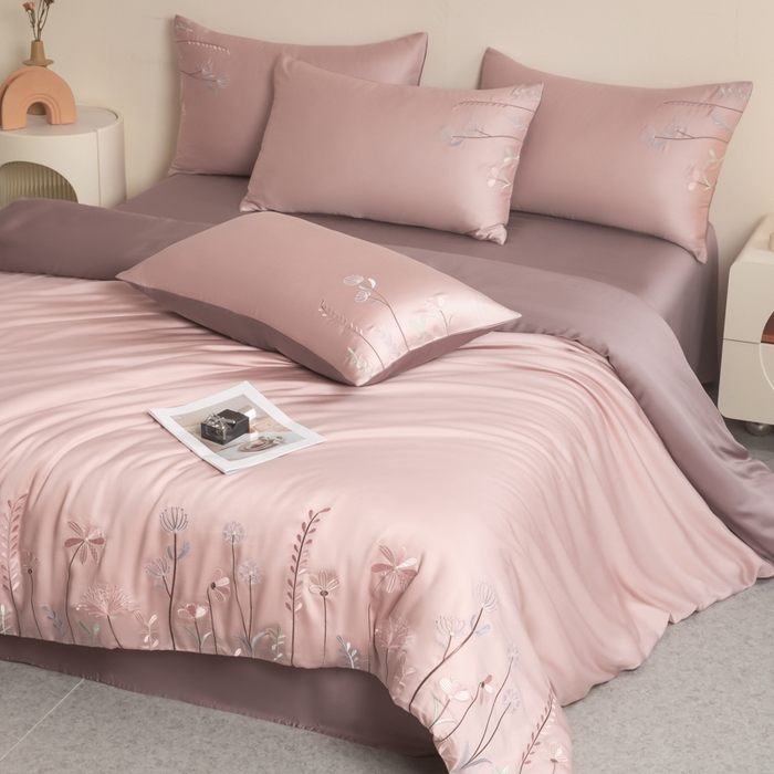 91家纺网 家纺一手货源 找家纺 618家纺 2025新款60S100支进口兰精天丝四件套-初夏 天丝初夏粉豆沙