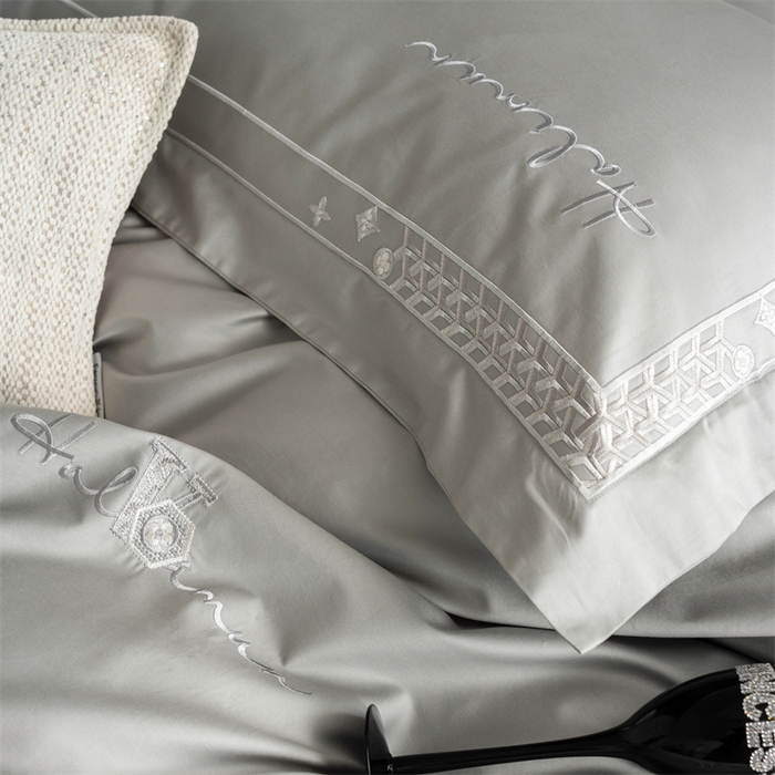 91家纺网 家纺一手货源 找家纺 保罗圣迪奥 2025新款全棉长绒棉刺绣四件套-星光 星光-灰