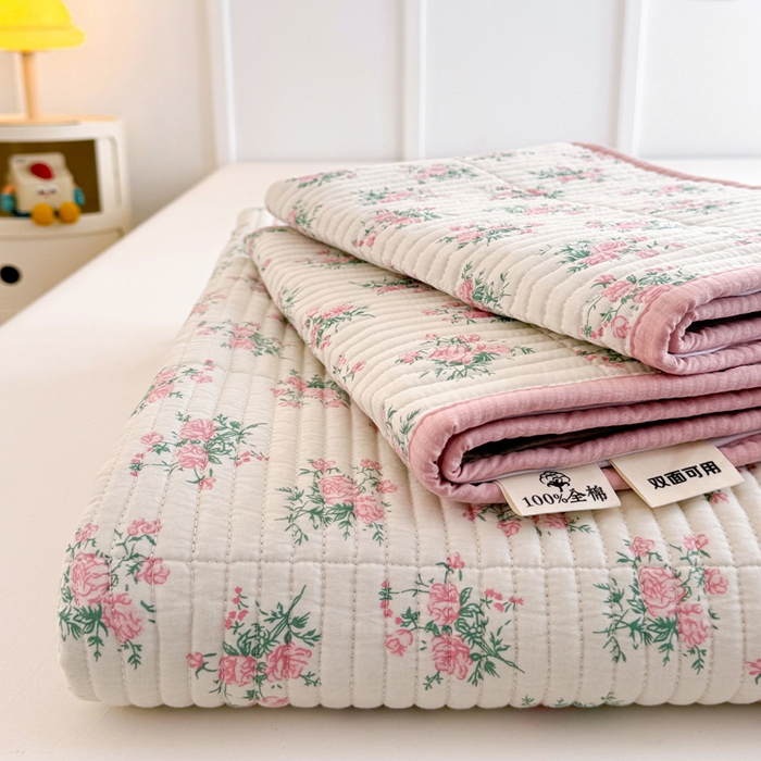 91家纺网 家纺一手货源 找家纺 梵朴 2025新款跑量款纯棉印花床盖三件套 粉玫瑰