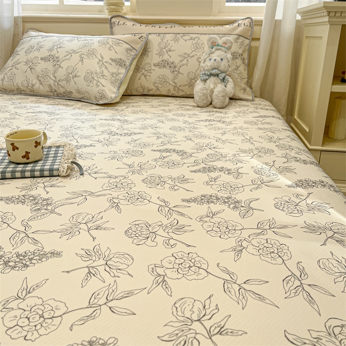 91家纺网 家纺一手货源 找家纺 星座家纺 2025新款斜纹提花凉感丝凉席床单款三件套 午后茶花