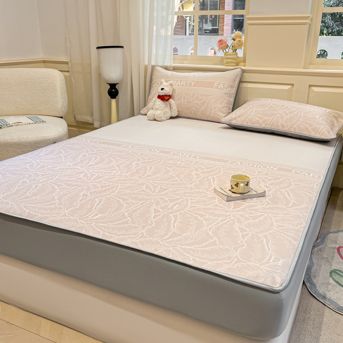 91家纺网 家纺一手货源 找家纺 星座家纺 2025新款斜纹提花凉感丝凉席床笠款三件套 床笠-叶之语-奶咖