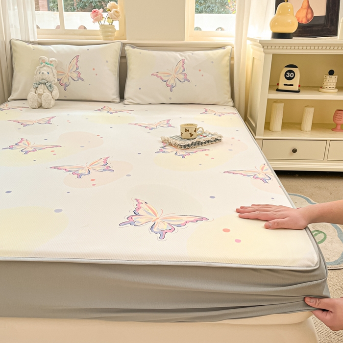 91家纺网 家纺一手货源 找家纺 星座家纺 2025新款斜纹提花凉感丝凉席床笠款三件套 床笠-彩蝶