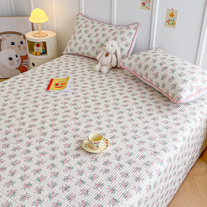 91家纺网 家纺一手货源 找家纺 梵朴 2025新款跑量款纯棉印花床盖三件套 粉玫瑰