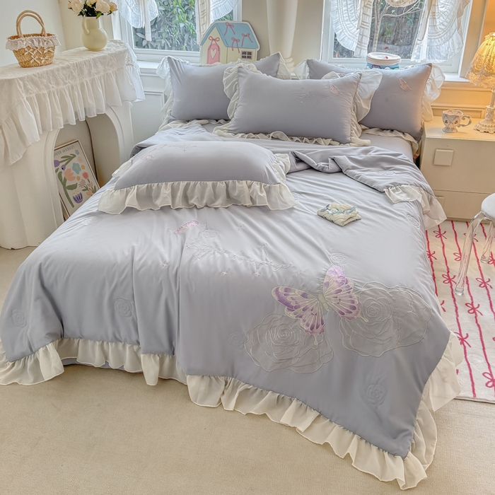 91家纺网 家纺一手货源 找家纺 凯美家居 2025新款超柔亲肤棉夏被回件套 夏被蝶恋花 浅灰