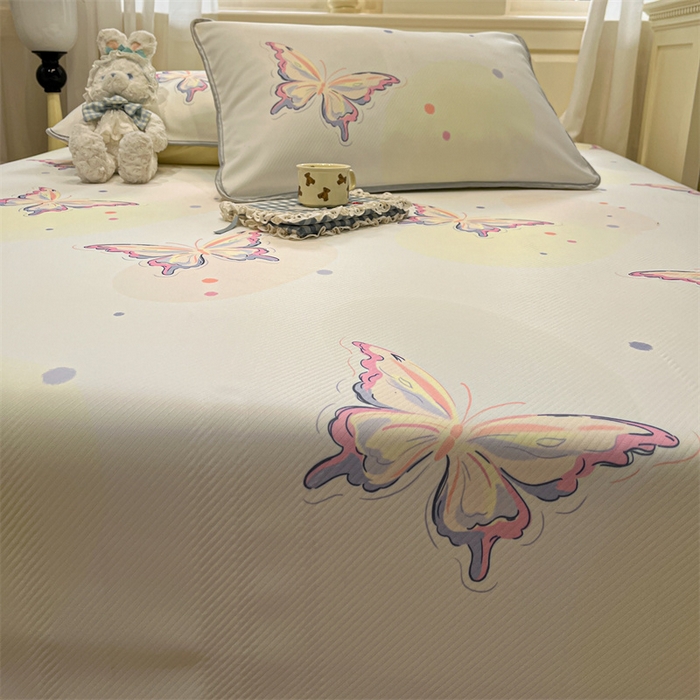 91家纺网 家纺一手货源 找家纺 星座家纺 2025新款斜纹提花凉感丝凉席床单款三件套 彩蝶