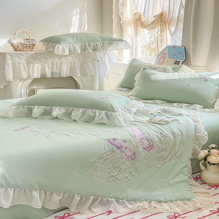 91家纺网 家纺一手货源 找家纺 凯美家居 2025新款超柔亲肤棉夏被回件套 夏被蝶恋花 豆绿