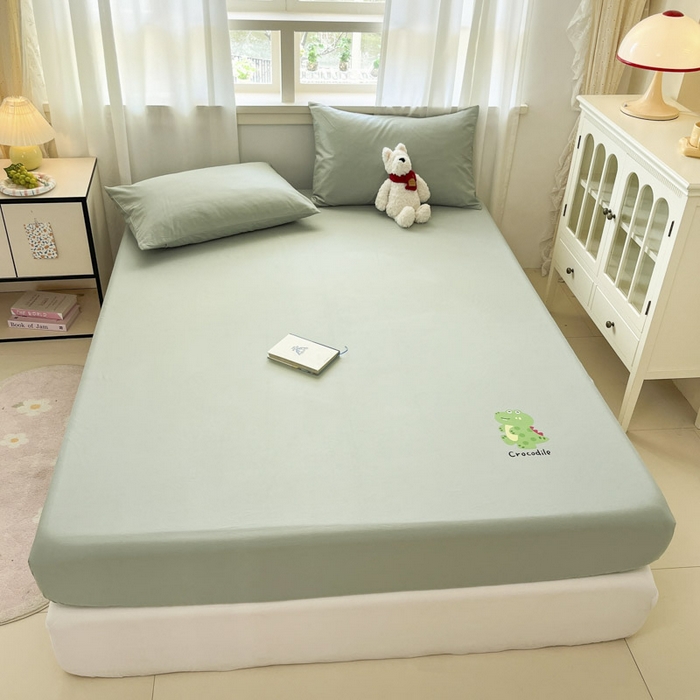 91家纺网 家纺一手货源 找家纺 泽西2025新品全棉卡通床笠 开心鳄-豆绿