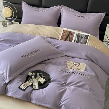 汣沐生活 2025新款高克重水洗天竺棉贴布刺绣款四件套 奶茶萌宝-豆沙紫+香槟