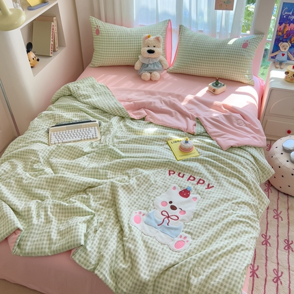 N先生+V 13814689556 发大图/买家秀 2025新款超柔水洗棉贴布绣夏被夏凉被空调被-微笑狗狗系列 微笑狗狗夏被-绿格