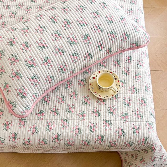 91家纺网 家纺一手货源 找家纺 梵朴 2025新款跑量款纯棉印花床盖三件套 粉玫瑰