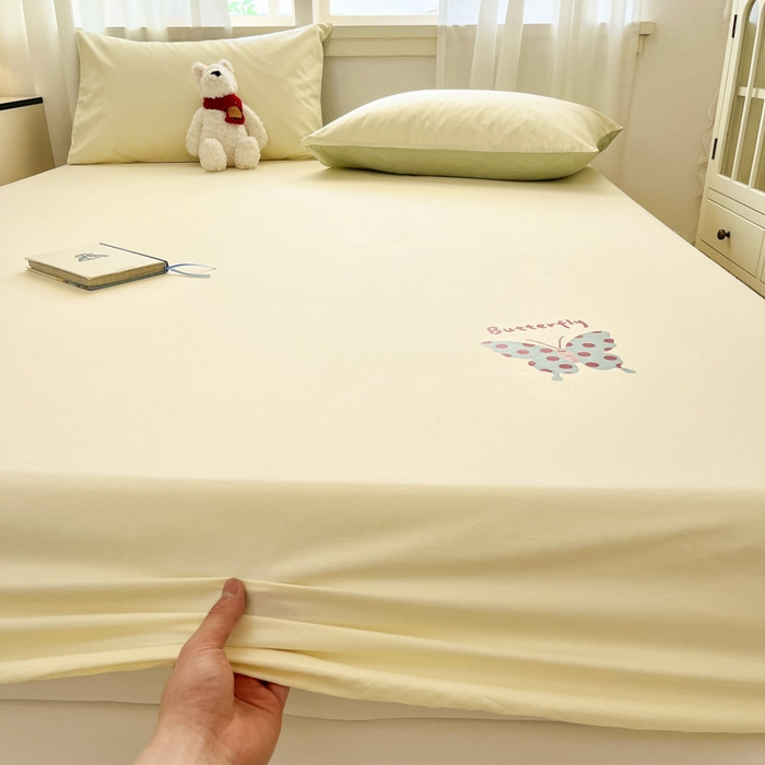 91家纺网 家纺一手货源 找家纺 泽西2025新品全棉卡通床笠 快乐蝶-奶油黄