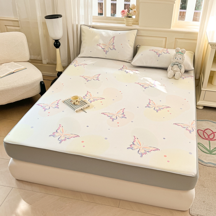 91家纺网 家纺一手货源 找家纺 星座家纺 2025新款斜纹提花凉感丝凉席床笠款三件套 床笠-彩蝶