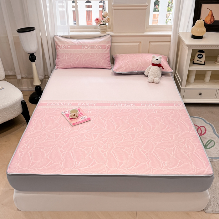 91家纺网 家纺一手货源 找家纺 星座家纺 2025新款斜纹提花凉感丝凉席床笠款三件套 床笠-叶之语-粉