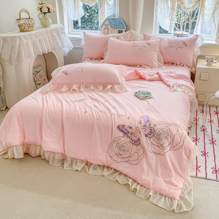 91家纺网 家纺一手货源 找家纺 凯美家居 2025新款超柔亲肤棉夏被回件套 夏被蝶恋花 粉玉