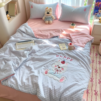 N先生+V 13814689556 发大图/买家秀 2025新款超柔水洗棉贴布绣夏被夏凉被空调被-微笑狗狗系列 微笑狗狗夏被-蓝格