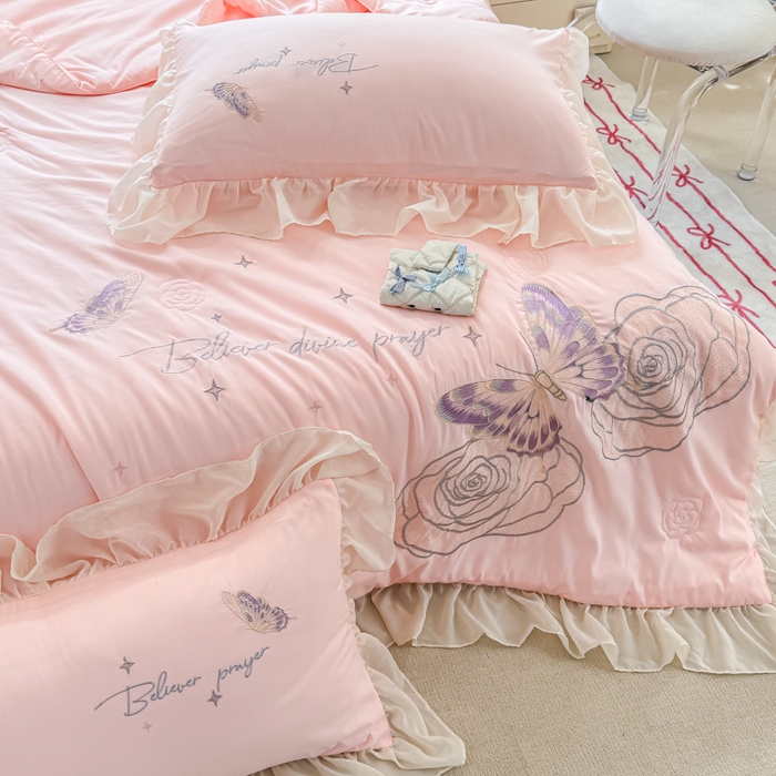 91家纺网 家纺一手货源 找家纺 凯美家居 2025新款超柔亲肤棉夏被回件套 夏被蝶恋花 粉玉