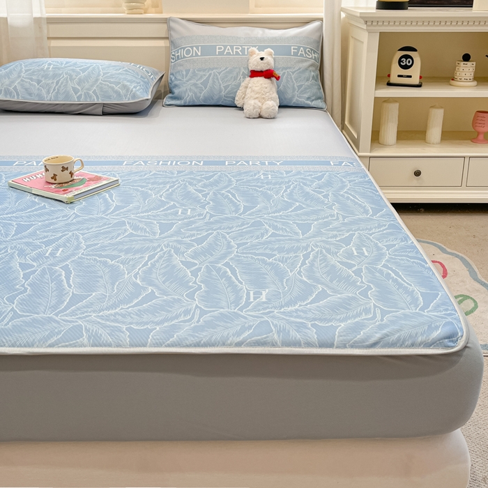 91家纺网 家纺一手货源 找家纺 星座家纺 2025新款斜纹提花凉感丝凉席床笠款三件套 床笠-叶之语-蓝