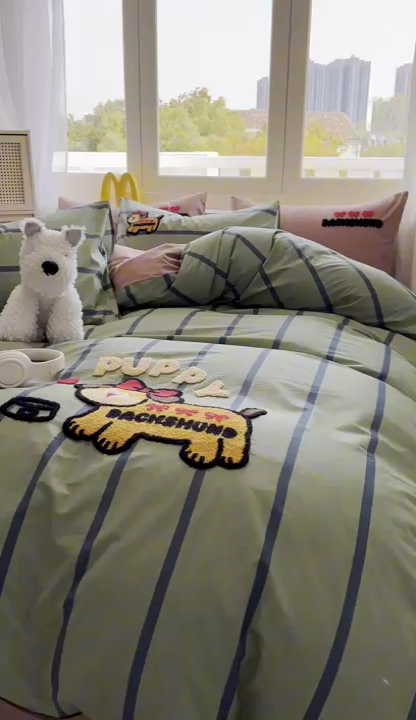 91家纺网 家纺一手货源 找家纺 启程2025全棉13372毛巾绣四件套 可爱汪-绿