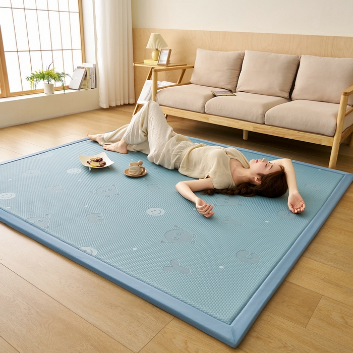 91家纺网 家纺一手货源 找家纺 锦丝钰床垫 2025新款真凉感冰豆豆天鹅系列地垫 冰豆豆-笑脸蓝