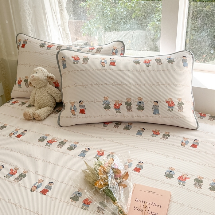 91家纺网 家纺一手货源 找家纺 星座家纺 2025新款斜纹提花凉感丝凉席床笠款三件套 床笠-萌熊印象