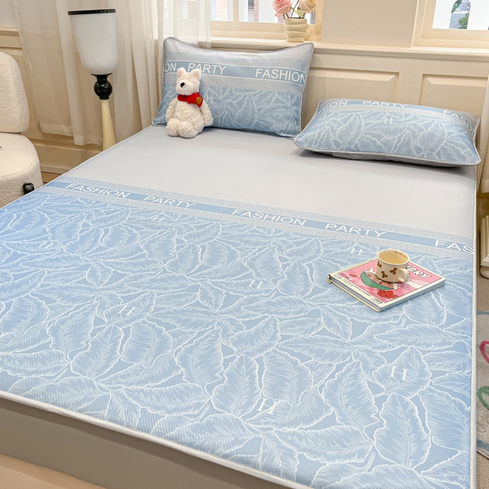 91家纺网 家纺一手货源 找家纺 星座家纺 2025新款斜纹提花凉感丝凉席床笠款三件套 床笠-叶之语-蓝