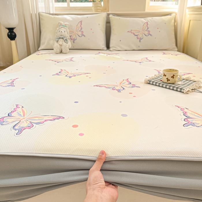 91家纺网 家纺一手货源 找家纺 星座家纺 2025新款斜纹提花凉感丝凉席床笠款三件套 床笠-彩蝶