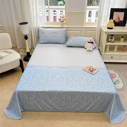 91家纺网 家纺一手货源 找家纺 星座家纺 2025新款斜纹提花凉感丝凉席床单款三件套 叶之语-蓝