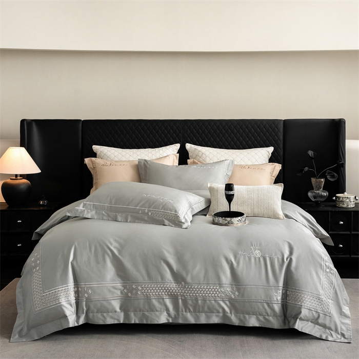 91家纺网 家纺一手货源 找家纺 保罗圣迪奥 2025新款全棉长绒棉刺绣四件套-星光 星光-灰