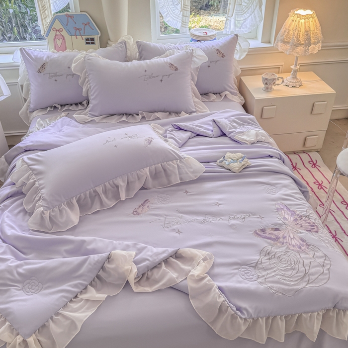91家纺网 家纺一手货源 找家纺 凯美家居 2025新款超柔亲肤棉夏被回件套 夏被蝶恋花 浅紫