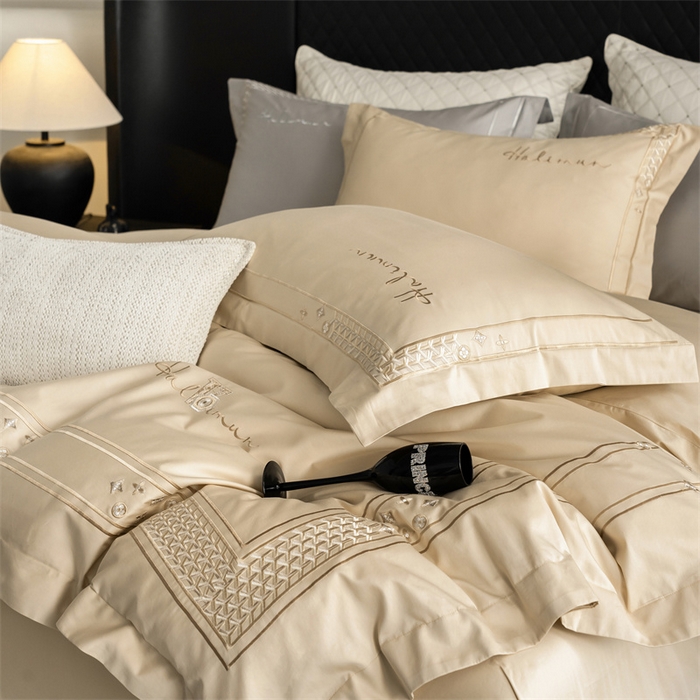 91家纺网 家纺一手货源 找家纺 保罗圣迪奥 2025新款全棉长绒棉刺绣四件套-星光 星光-金