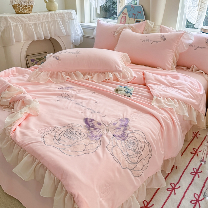 91家纺网 家纺一手货源 找家纺 凯美家居 2025新款超柔亲肤棉夏被回件套 夏被蝶恋花 粉玉