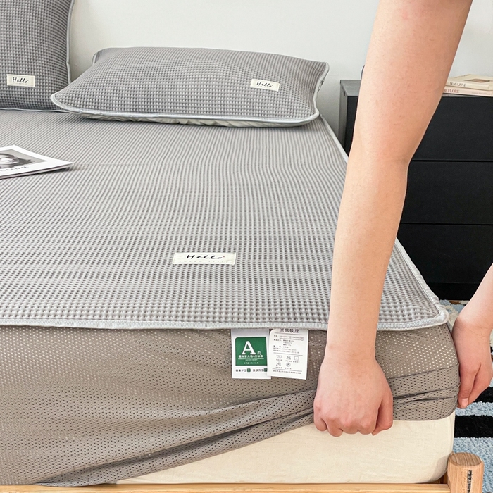 91家纺网 家纺一手货源 找家纺 吉象2025新款A类床笠款软凉席 华夫格高级灰