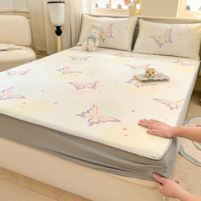 91家纺网 家纺一手货源 找家纺 星座家纺 2025新款斜纹提花凉感丝凉席床笠款三件套 床笠-彩蝶