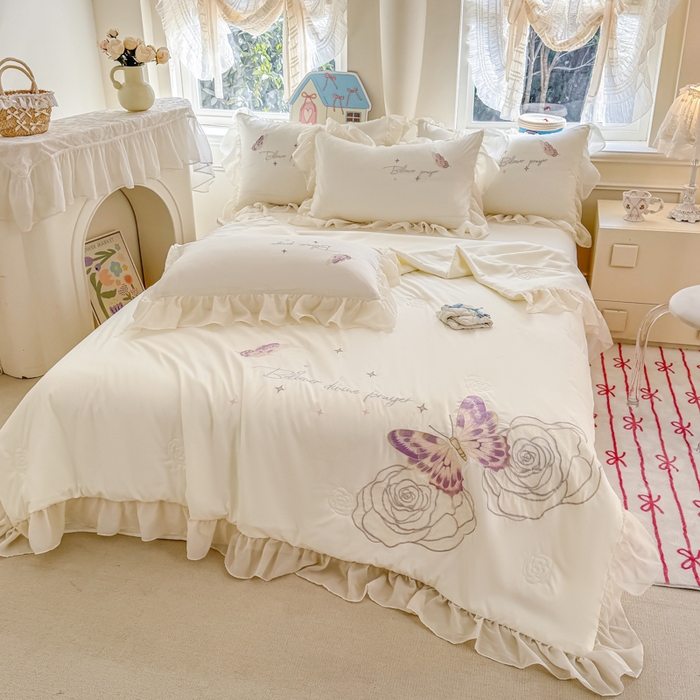 91家纺网 家纺一手货源 找家纺 凯美家居 2025新款超柔亲肤棉夏被回件套 夏被蝶恋花 奶白