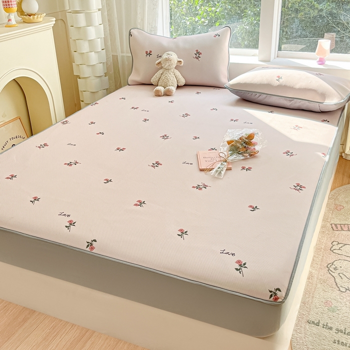 91家纺网 家纺一手货源 找家纺 星座家纺 2025新款斜纹提花凉感丝凉席床笠款三件套 床笠-尤克克里粉