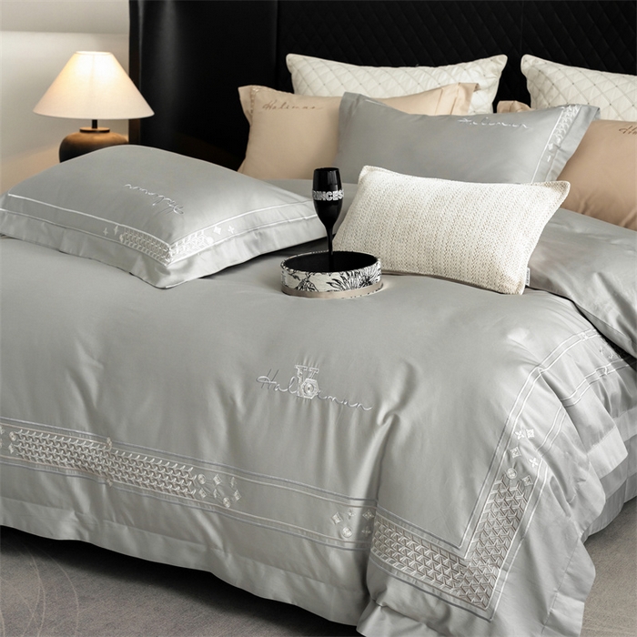 91家纺网 家纺一手货源 找家纺 保罗圣迪奥 2025新款全棉长绒棉刺绣四件套-星光 星光-灰