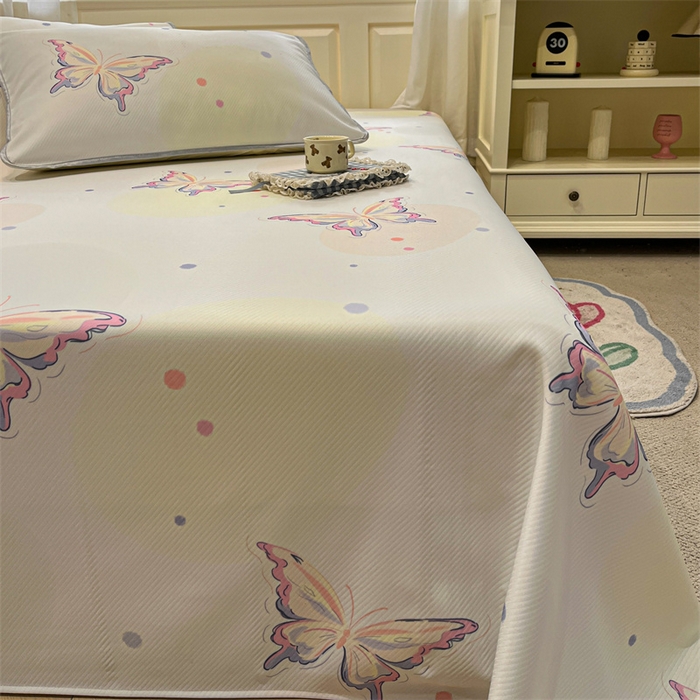 91家纺网 家纺一手货源 找家纺 星座家纺 2025新款斜纹提花凉感丝凉席床单款三件套 彩蝶