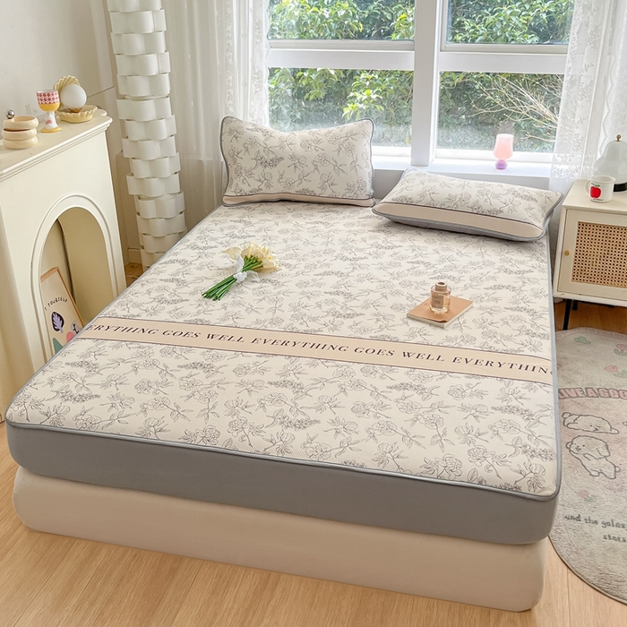 91家纺网 家纺一手货源 找家纺 星座家纺 2025新款斜纹提花凉感丝凉席床笠款三件套 床笠-午后茶花