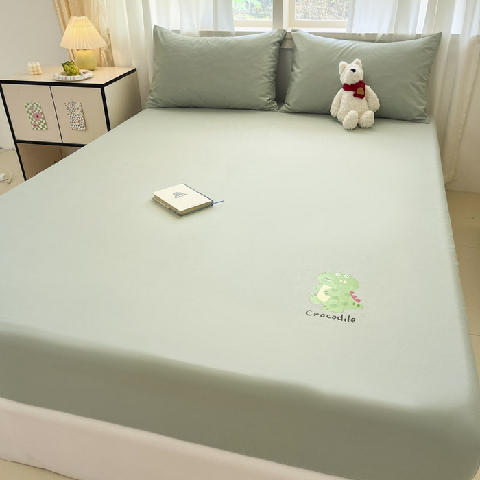 91家纺网 家纺一手货源 找家纺 泽西2025新品全棉卡通床笠 开心鳄-豆绿