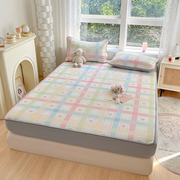 91家纺网 家纺一手货源 找家纺 星座家纺 2025新款斜纹提花凉感丝凉席床笠款三件套 床笠-爱心气泡粉