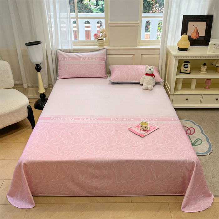 91家纺网 家纺一手货源 找家纺 星座家纺 2025新款斜纹提花凉感丝凉席床单款三件套 叶之语-粉