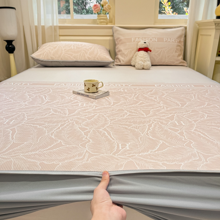 91家纺网 家纺一手货源 找家纺 星座家纺 2025新款斜纹提花凉感丝凉席床笠款三件套 床笠-叶之语-奶咖