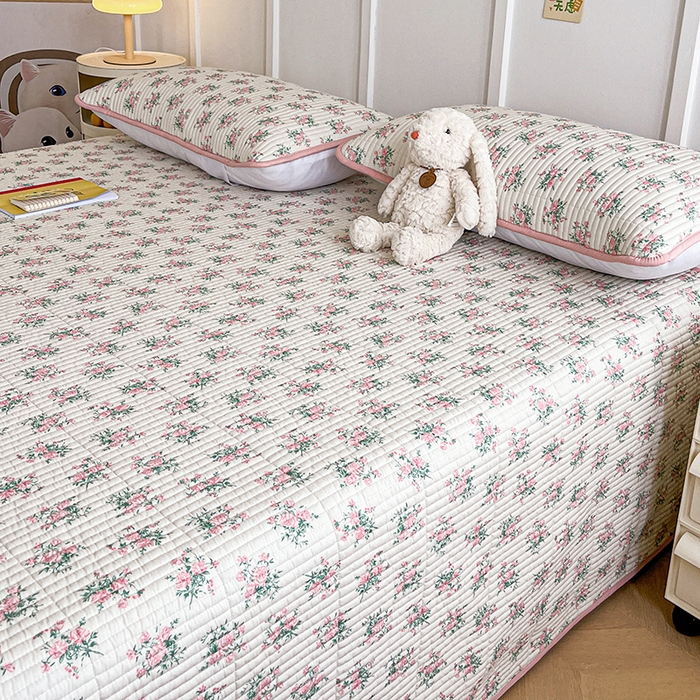 91家纺网 家纺一手货源 找家纺 梵朴 2025新款跑量款纯棉印花床盖三件套 粉玫瑰