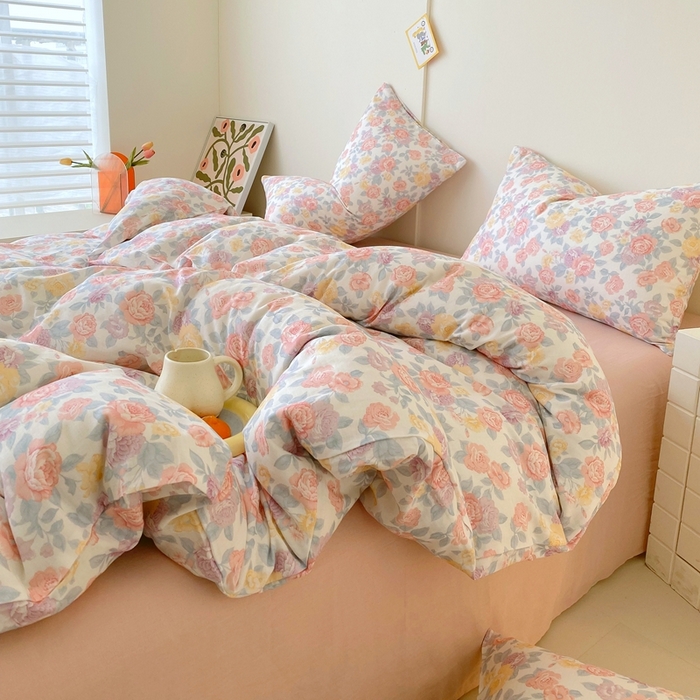 91家纺网 家纺一手货源 找家纺 于果 2025新款全棉双层纱四件套第四批 春色