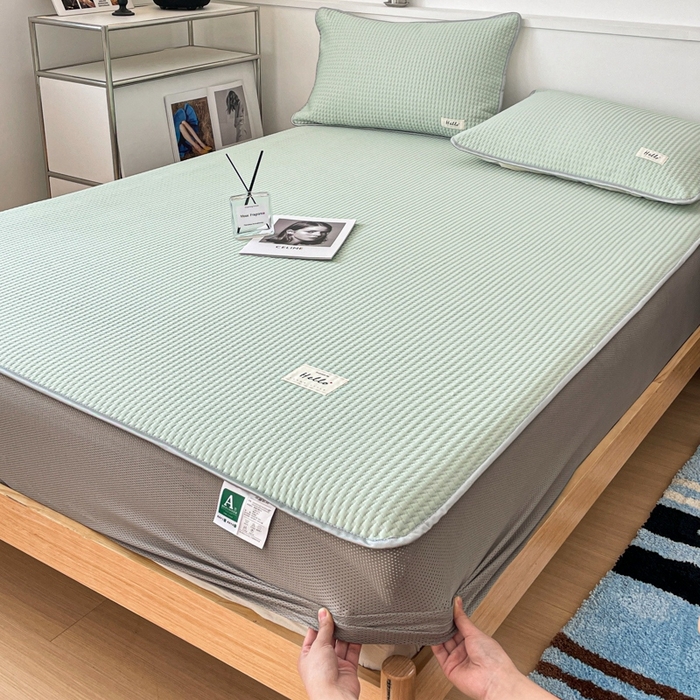 91家纺网 家纺一手货源 找家纺 吉象2025新款A类床笠款软凉席 饼干格抹茶绿