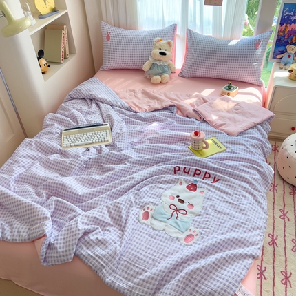 N先生+V 13814689556 发大图/买家秀 2025新款超柔水洗棉贴布绣夏被夏凉被空调被-微笑狗狗系列 微笑狗狗夏被-紫格